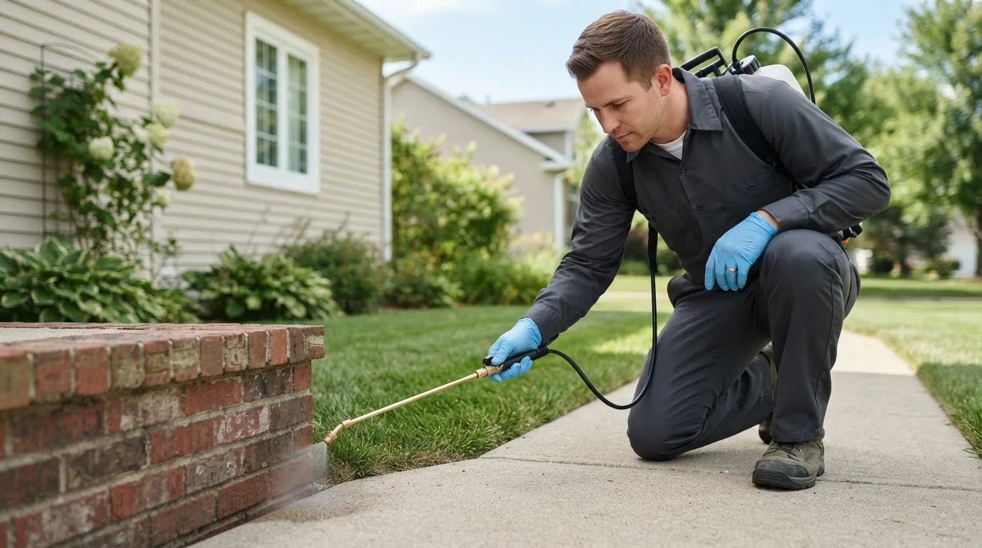 Pest control technician treating a home near Monroeville, AL